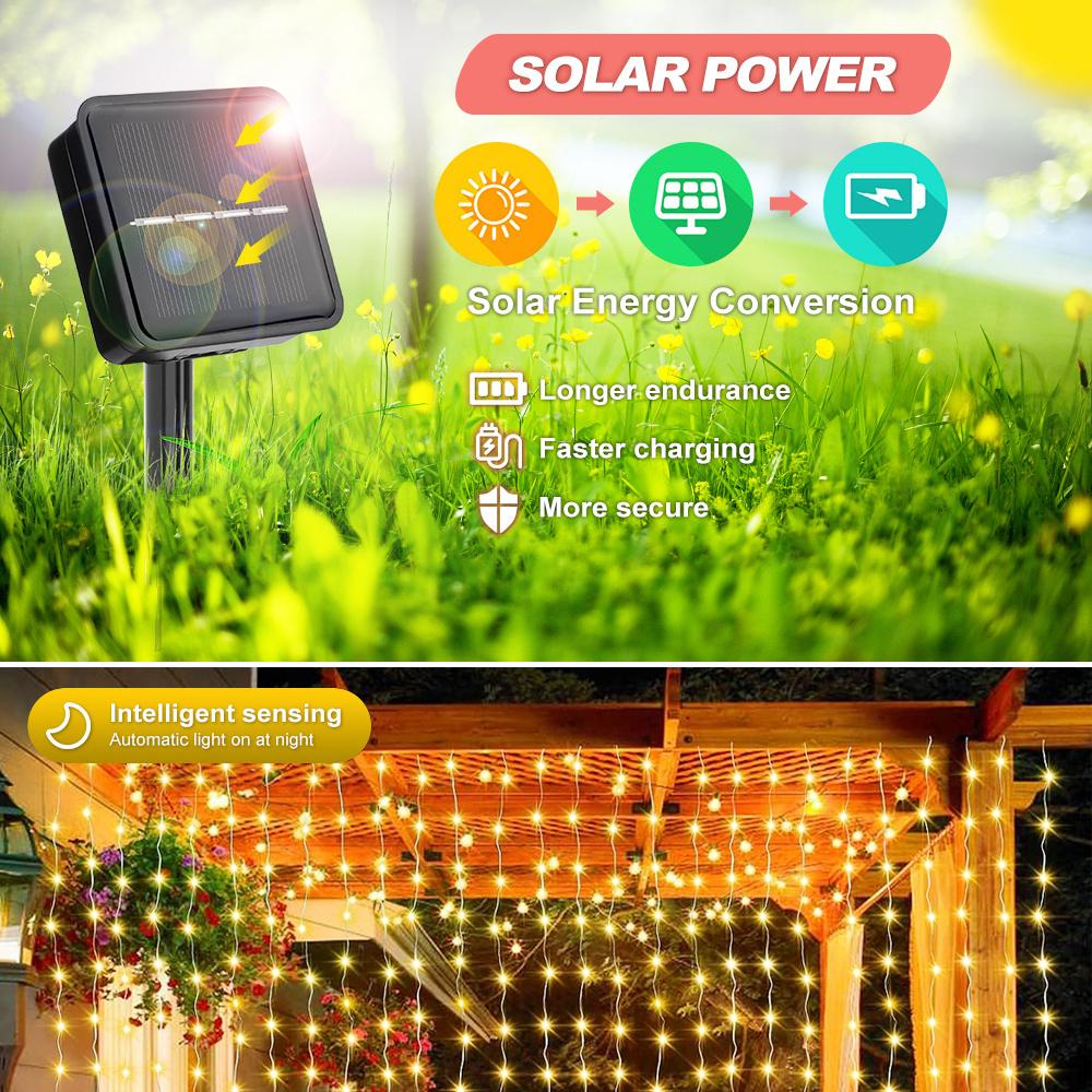1PC Solar-Powered Curtain Fairy Lights 8 Lighting Modes for Outdoor Patio Garden Balcony Decor Solar Charged with Durable