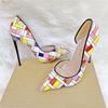 Women's Sexy 12cm Color Checkered High Heels, Patent Leather, Pointed Fashion Party Shoes, Dress Shoes, Thin Heels 10cm
