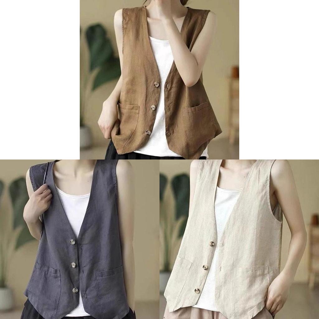 Women Loose Fit Short Linen Vest With Button Detail And V Neck Summer Casual Wear