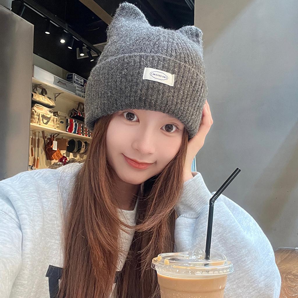 Floppy Cat Ear Beanie for Students Adult Windproof Foldable Winter Hat Thicken Harajuku Beanie with Letter Decals