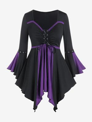 Rosegal Gothic Flare Sleeves Lace Up Two Tone Handkerchief Tee