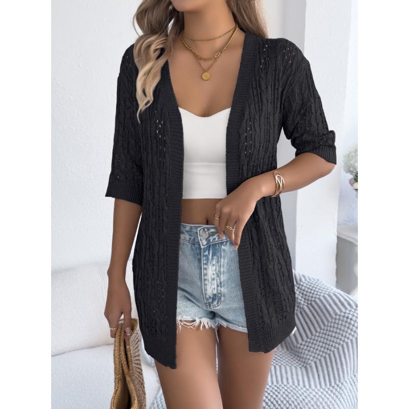 Women Casual European Style Solid Hollow Out Mid Length Elbow Sleeve Knit Cardigan