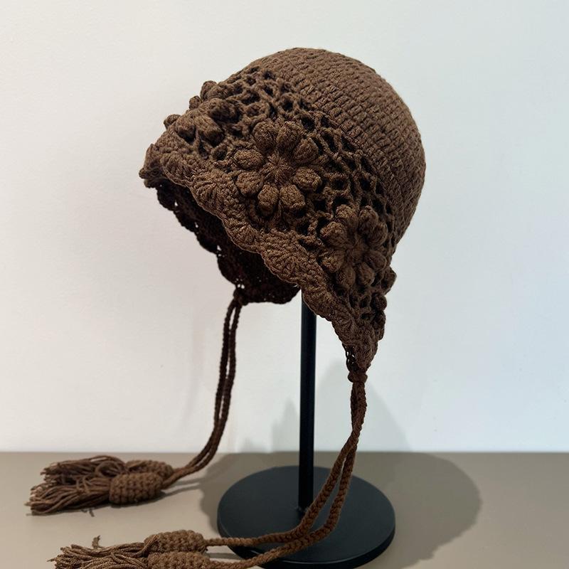 

Hand-woven hollow flower pullover hat women s autumn and winter double-layer warm knitted wool hat ethnic style fringed hat One size fits all темно-коричневого кольору