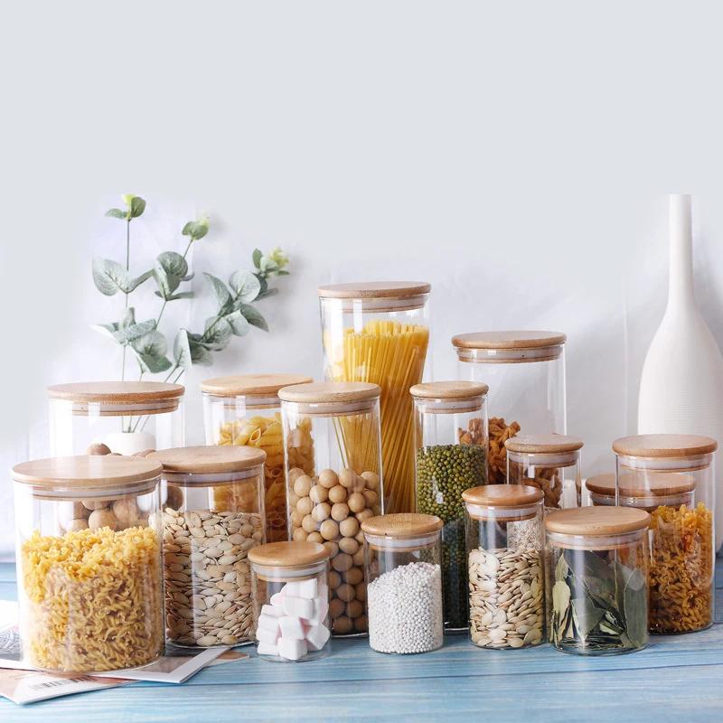 High Quality Glass Transparent Container Glass Jars With Bamboo Lids Candy Tea Coffee Sugar Storage Jars Kitchen Boxes
