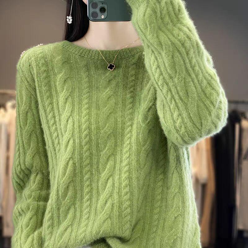 Women's Round Neck Loose Twisted Flower Solid Color Sweater Autumn and Winter New Style Cable Thickened Knitted Base