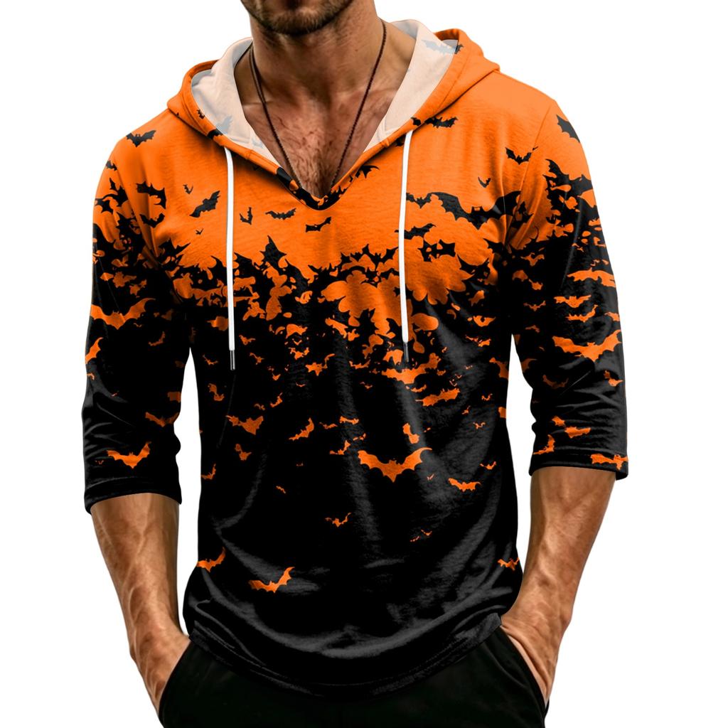 Men's Loose Fit Casual Hoodie Three Quarter Sleeve Pullover Halloween Themed Graphic Print Lightweight Top