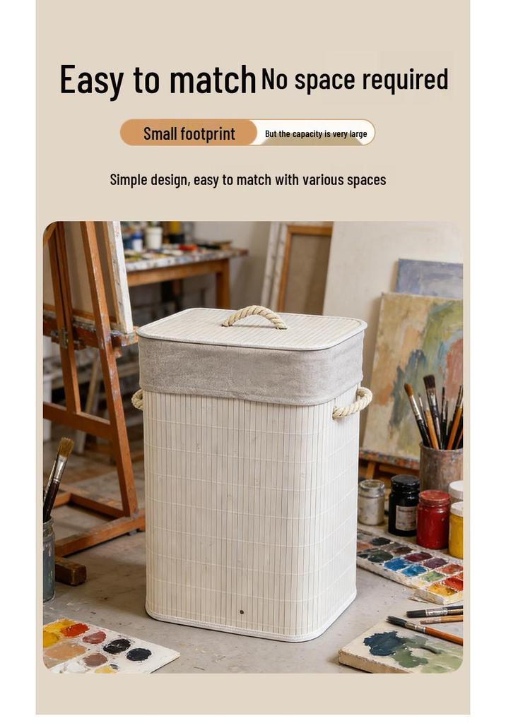 Large Bamboo Fabric Laundry Hamper with Lid - Foldable Bedroom Storage Basket