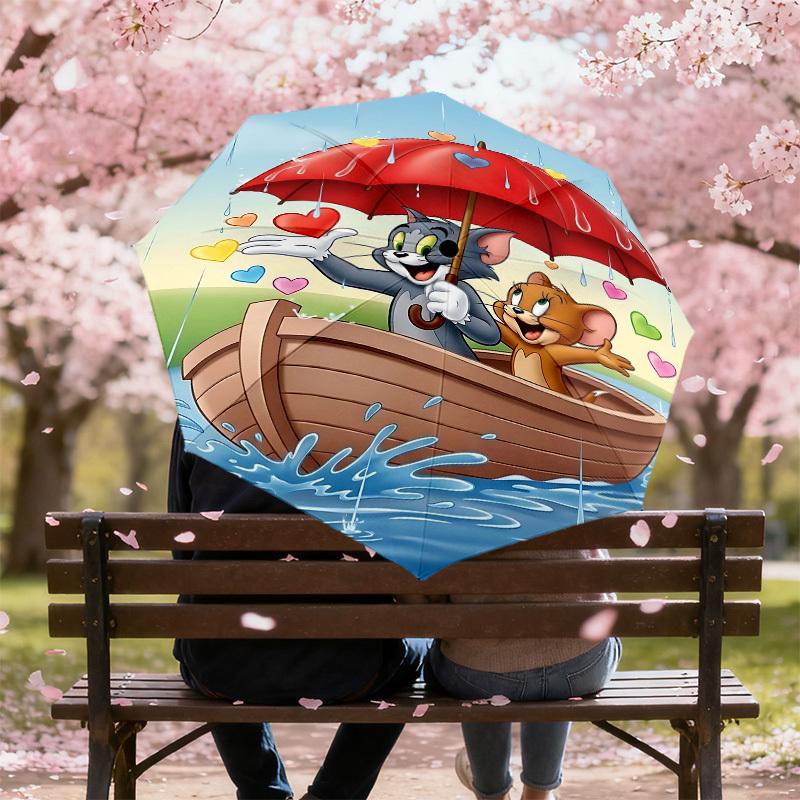 1pc Tom and Jerry Automatic Open/Close Umbrella Compact Folding Umbrella with 8-Rib Shaft Lightweight Esign, for Women/Men1152A