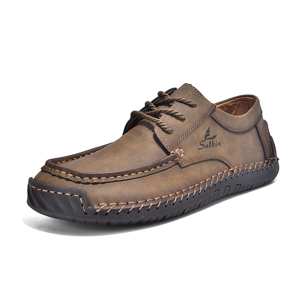 Men's Hand Stitched Casual Leather Shoes Vintage Lace Up Wide Toe Soft Sole Breathable Loafers British Style Driving Shoes