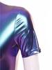 Womens Metallic Shiny Bodysuit Mock Neck Short Sleeve Back Hidden Zipper Bodycon Leotard