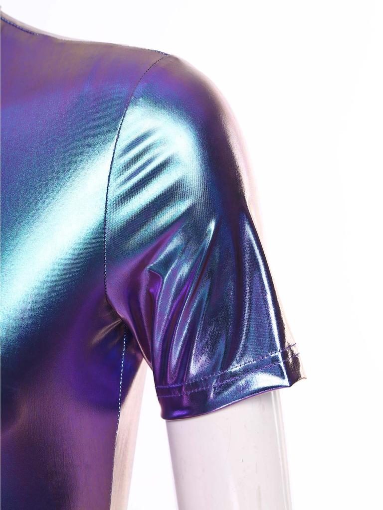 Womens Metallic Shiny Bodysuit Mock Neck Short Sleeve Back Hidden Zipper Bodycon Leotard