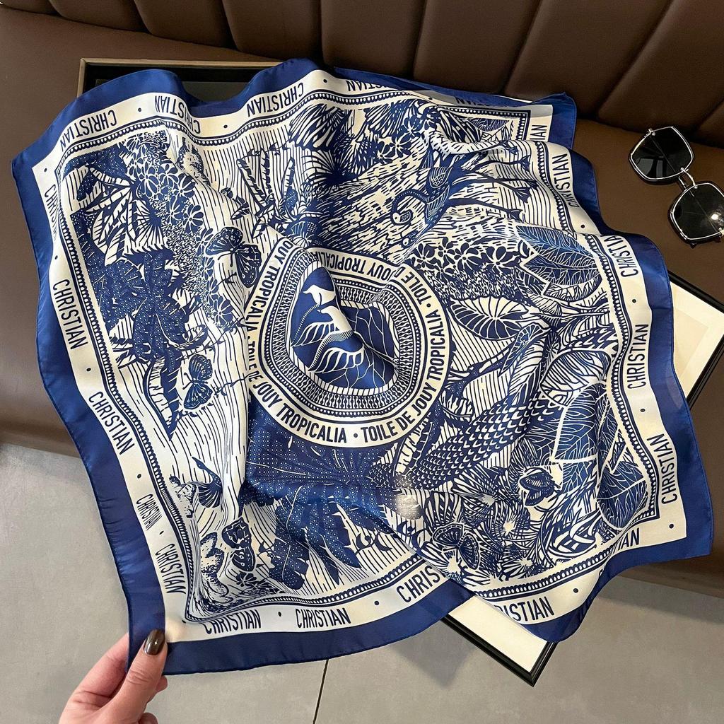 70cm Retro Printed Korean-Style High-End Imitation Silk Scarf for Women - Versatile Fashion Square Accessory