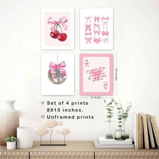 okaxscm Pink Coquette Bow Trendy Preppy Wall Art Prints Set of 4, Coquette Room Decor, Preppy Room Dorm Decor Aesthetic, Pink Bow Cherry Disco Ball