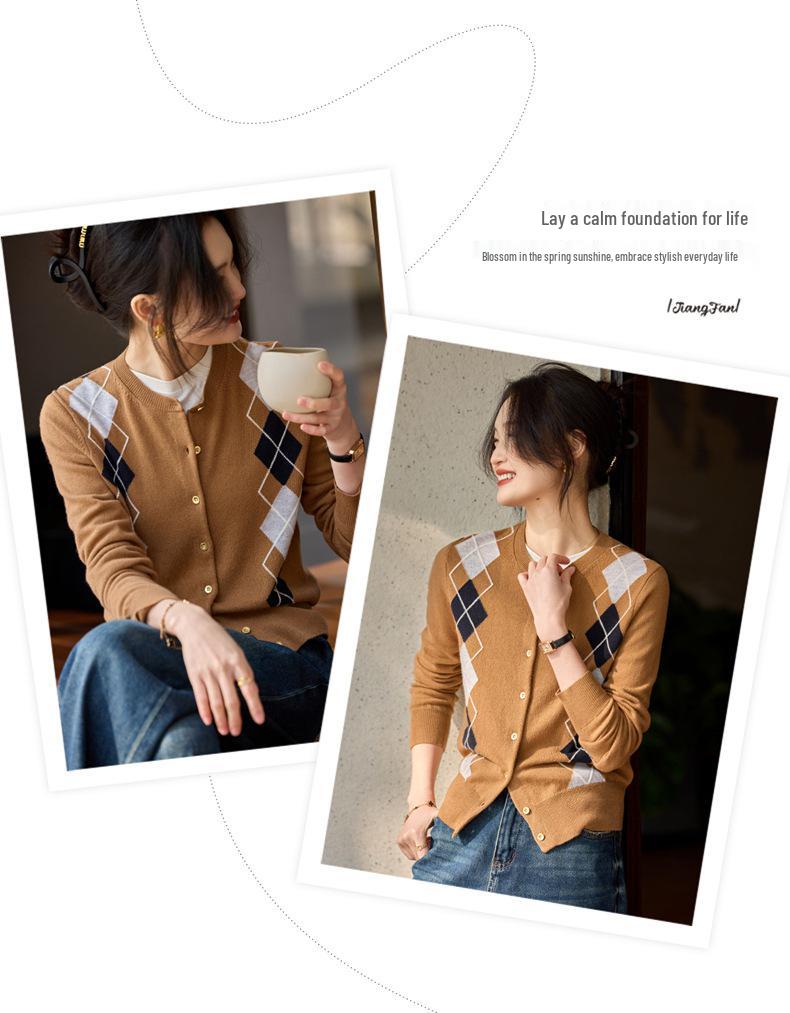 Cardigan Pull en Tricot Losanges Géométriques Color Block 100% Cachemire pour Femme