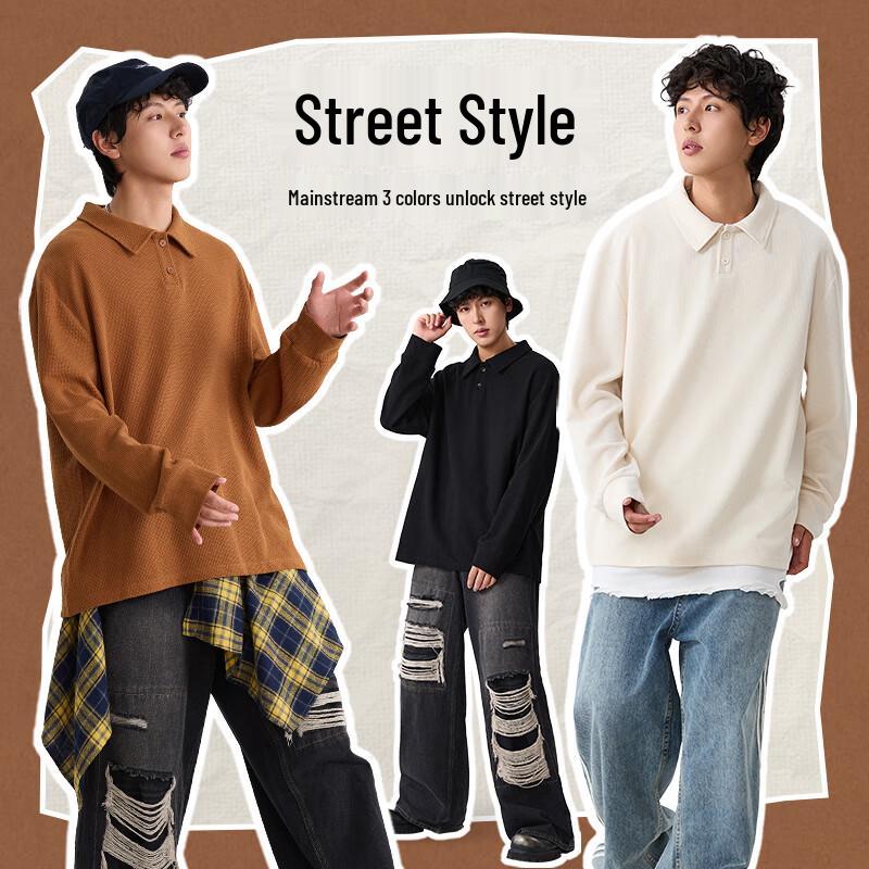 JEANSWEST LIFE Men's Heavyweight Waffle Knit Long Sleeve Polo Shirt