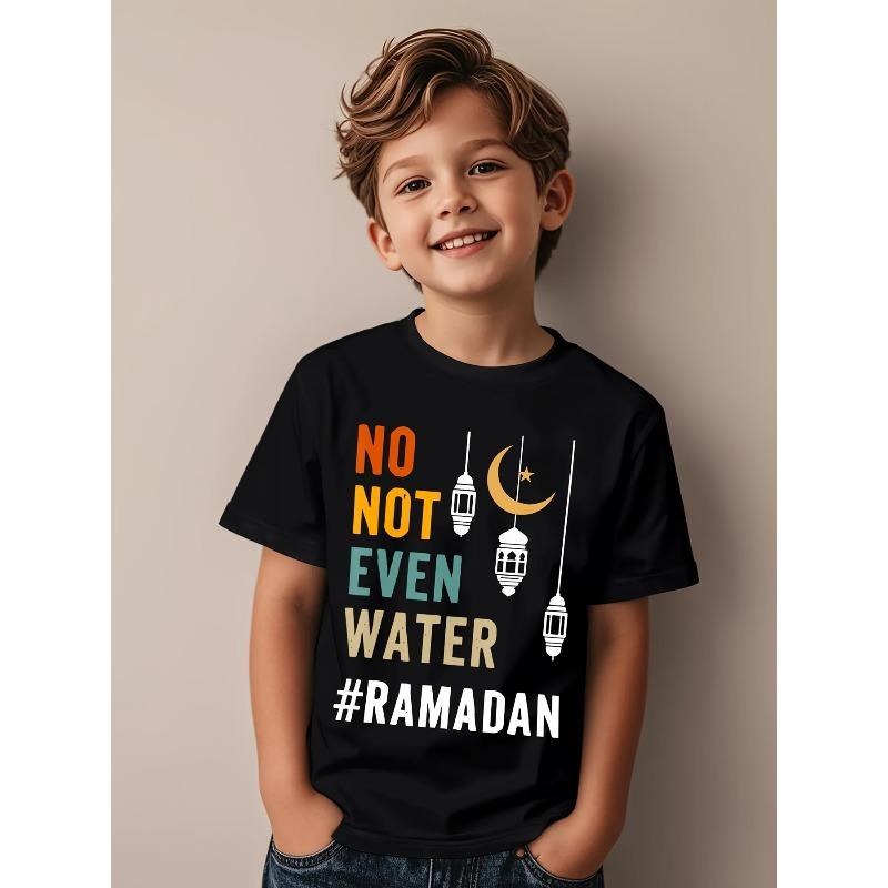 

European sizes Water Funny Muslim Fasting Festival Ramadan Series Boys And Girls Kids Short Sleeve T-Shirt, Casual Children s Wear, 164cm чорний