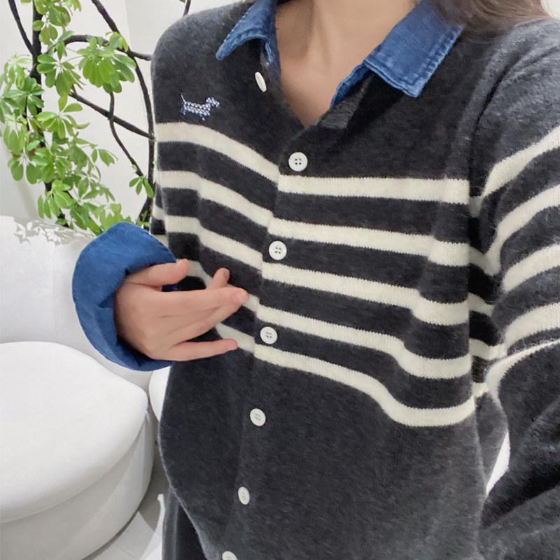 

Retro Two-Piece Denim Cardigan: Lapel, Patchwork, Stripe Knit, Loose-Fit, Embroidered Button Sweater for Women. 4XL темно-серого