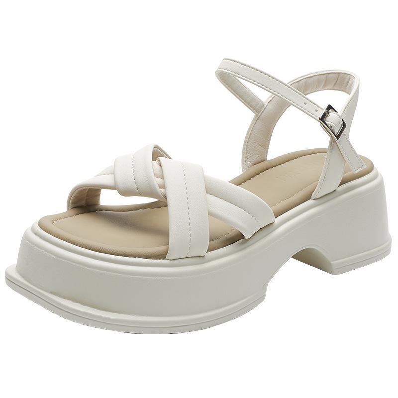 Platform Sandals Women's Outer Wear Summer New French Muffin Bottom Beach Shoes with One Word Not Tired Feet Thick Heel Roman Shoes