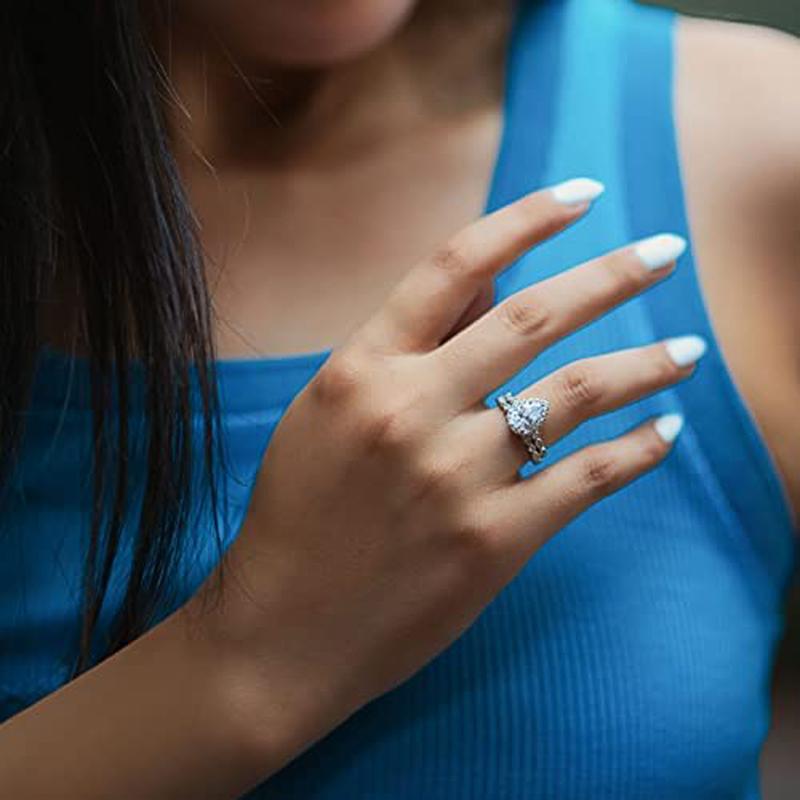 Huitan 2Pcs Pear Cubic Zirconia Set Rings for Women Wedding Accessories Luxury Trendy Female Accessories Engagement Band Jewelry