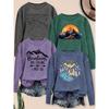 Elegant Women's Long-sleeve Top with Beautiful Scenery and Letter Combination Pattern Print, Round Neck, Suitable for Spring, Summer, Autumn, and