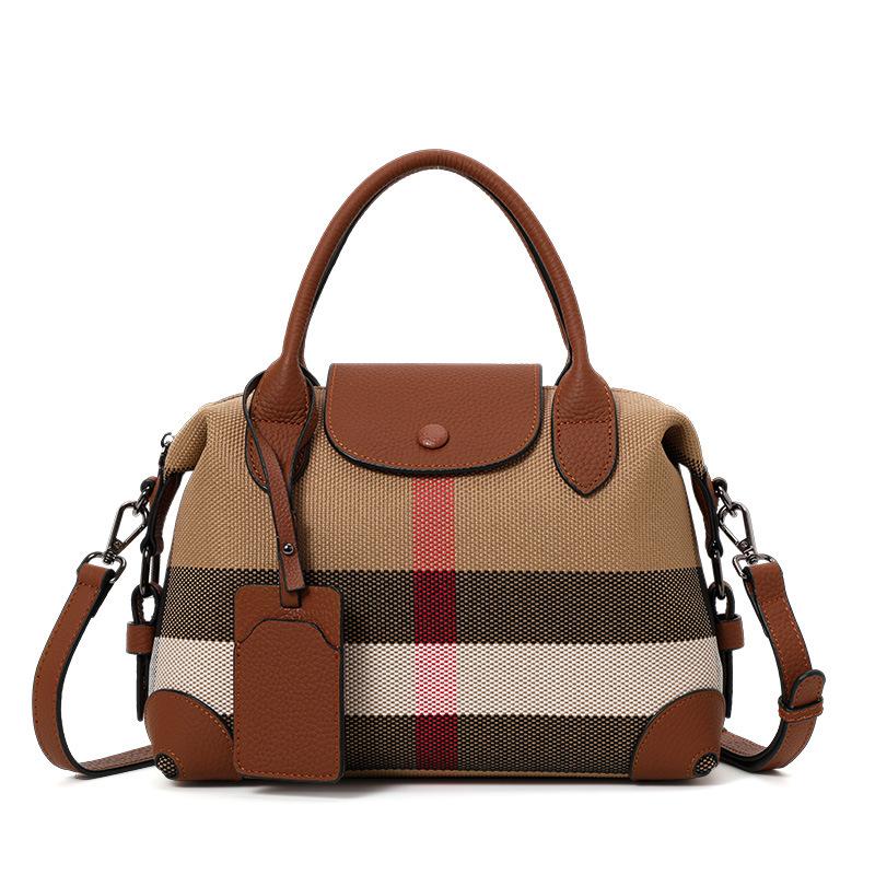 New Autumn and Winter Canvas with Top Layer Cowhide Leather Versatile One-shoulder Crossbody Bag Simple and Fashionable Plaid Bag