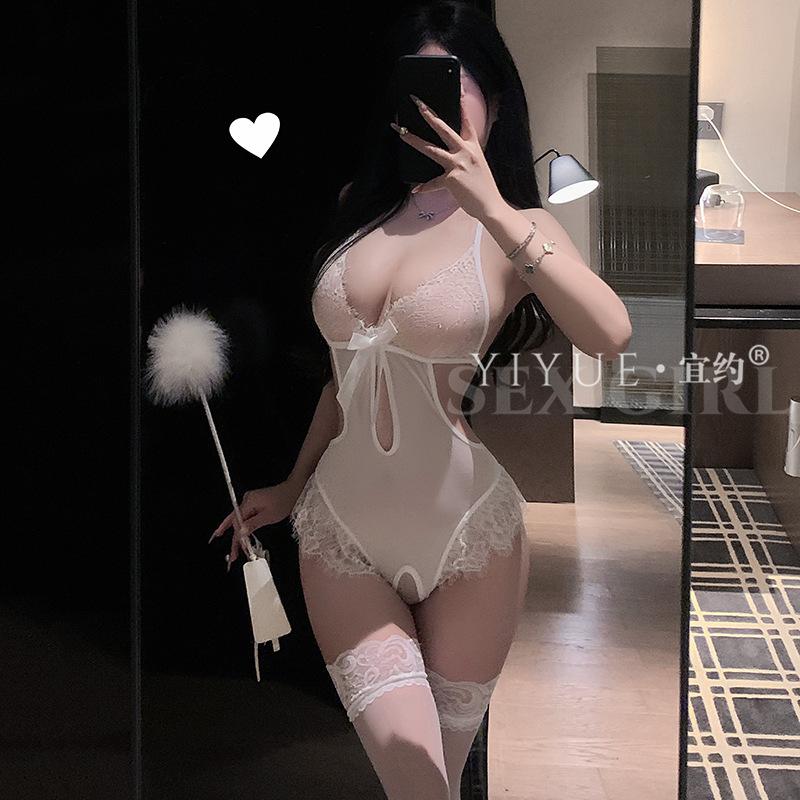 Erotic Lingerie, Sexy Mesh See-through One-piece Dress, Women's Neck-hanging Lace Seductive Uniform, No-take Off Pajamas, 1400