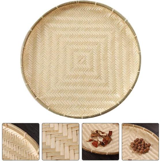 Kichvoe Bamboo Basket Tray Wicker Round Food Bread Basket Fruit Basket Flat Shallow Vegetables Snacks Serving Basket Farmhouse Wall Hanging Decor-