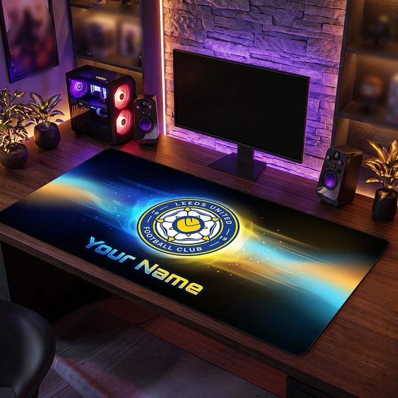 Leeds United Custom Large Mouse Pad, Personalized Name Text Print, Football Logo Non‑Slip Desk Mat Gaming Gift