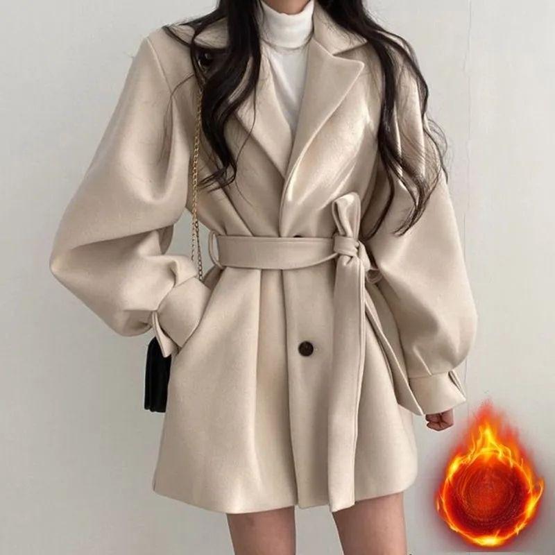 Autumn and Winter Clothing, Vintage Suit, Big Collar, Straps, Waist Cinching, Lantern Sleeves, Woolen Jacket, Women's, Winter Warm Jacket