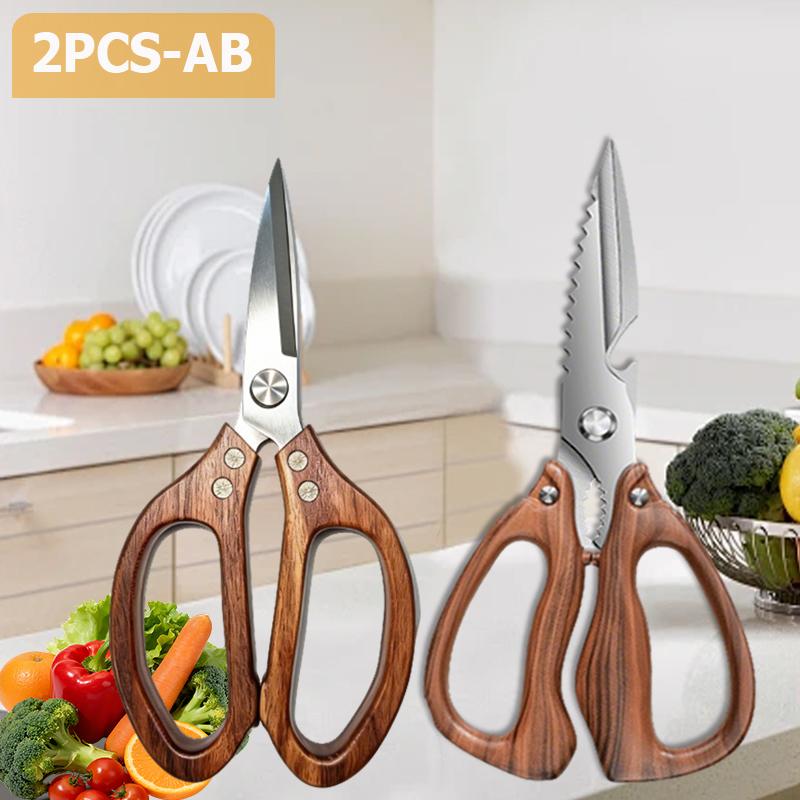 Stainless Steel Kitchen Scissors Acacia-Handled Chicken Bone Shears Multi-Purpose Cutting Meat Fileting Fish Kitchen Shears