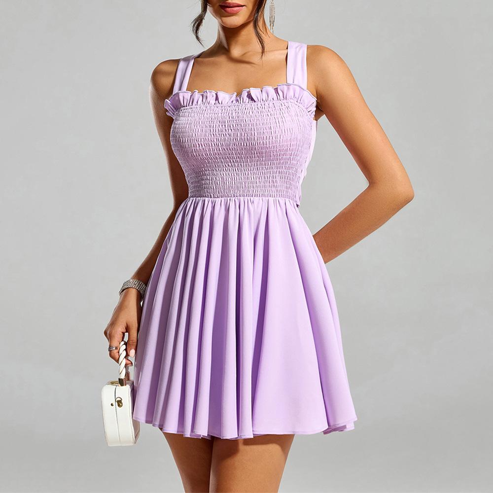 Suspender dress, European and American sexy fungus edge, open dress with halter bow A word
