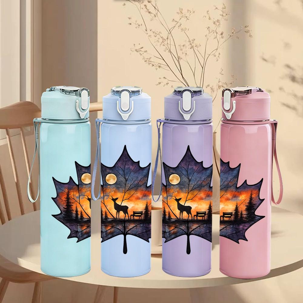 1PC Burning Autumn Maple Leaf 750ml Color Plastic Sports Water Bottle Leakproof Flip Straw Lid Suitable for Sports Office Home Use
