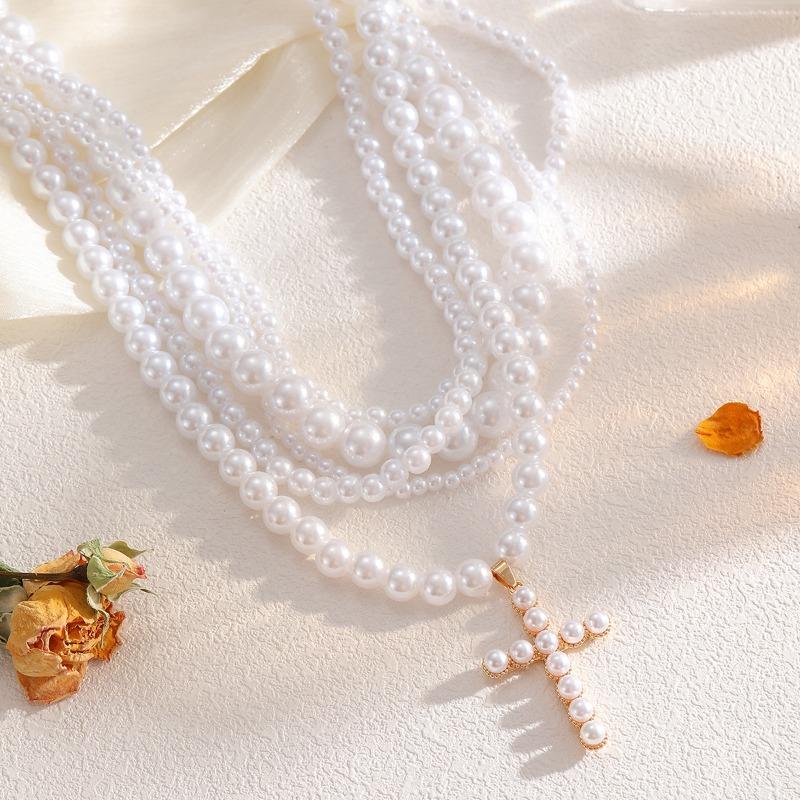 Stacked necklace retro imitation pearl light luxury sweet cool pendant women's pearl cross necklace
