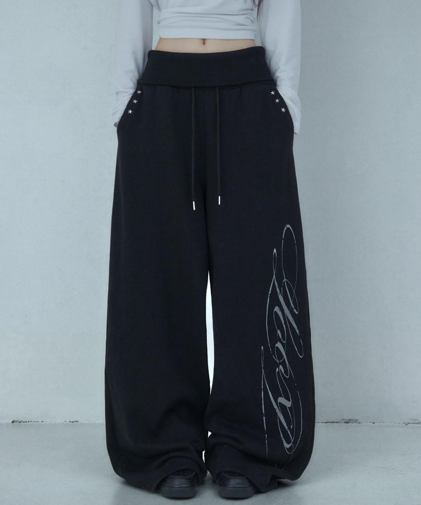 LOOXP Graphic Rivet Folding Training Wide Long Pants Black