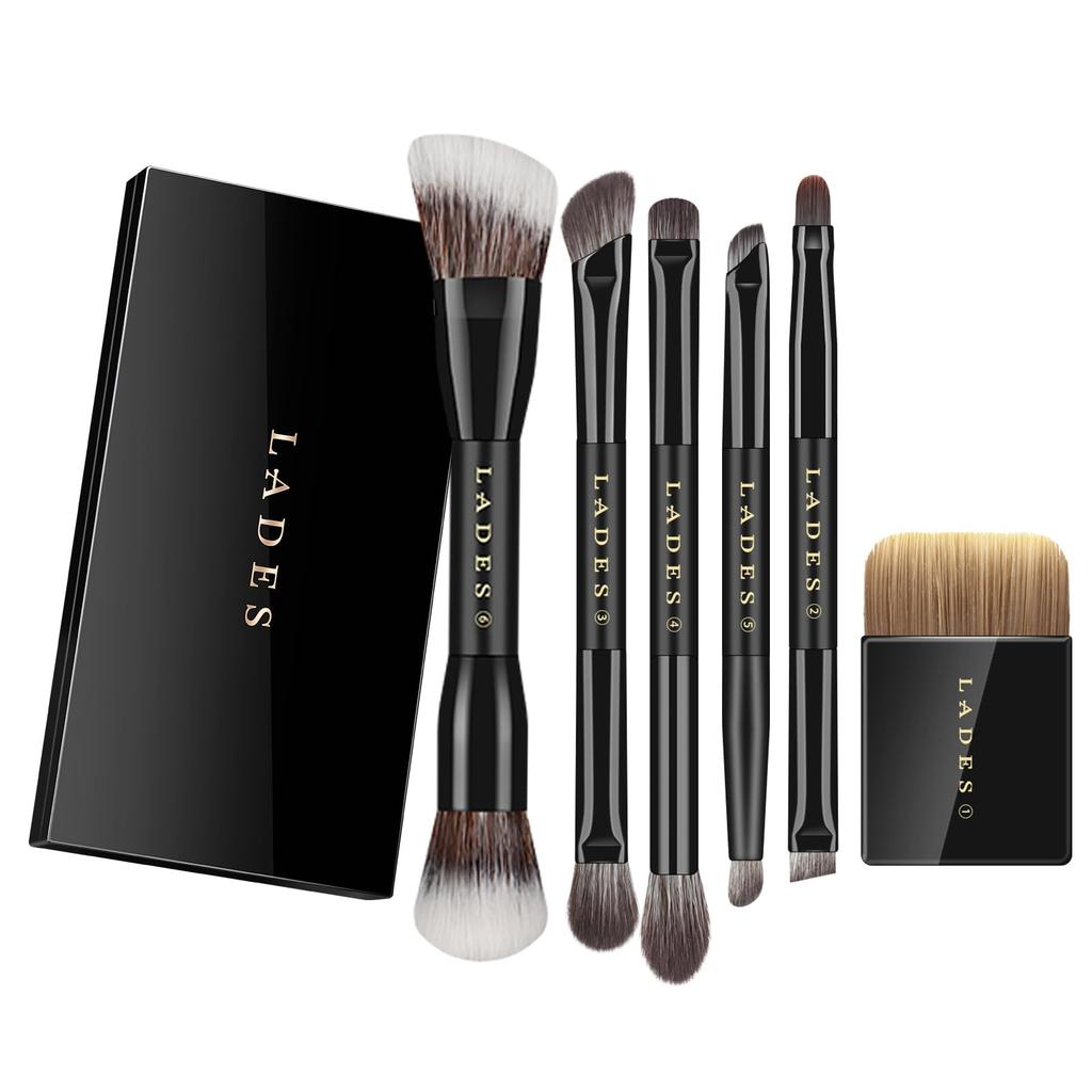 MSQ makeup brush set with reversible Comes in a convenient travel Includes foundation contouring and eyeshadow 6-piece brushes. box. brush, brush,