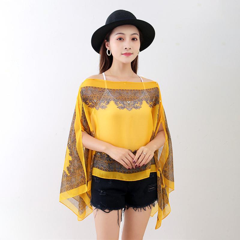 Beach Sun Protection Shawl  Women Clothes Summer Beach Bikini Cover Up Loose Chiffon Blouse Shawl Scarf With Buttons