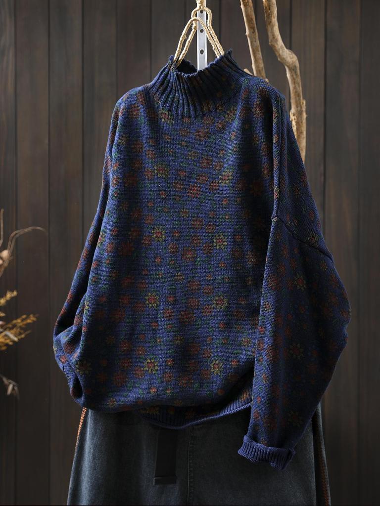 Women's High Neck Floral Print Sweater, Plus Size, Relaxed Fit, Stylish Autumn/Winter 2025 Collection.