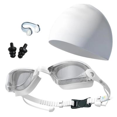 Cleverwrench Swimming Goggle and Cap Set for Includes Integrated Adjustable Nose Wide Field of Case Perfect for Competitive and Ocean Bathing 4-Piece