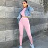 VEZFAA Women's Fashion Casual Spring Autumn Solid Color Print Long Sleeve O-Neck Trousers Pants Suits