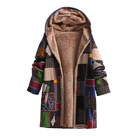 

Флисовые куртки для женщин на молнии с цветочным принтом, на подкладке из шерпы, с капюшоном, винтажный этнический стиль, лоскутное пальто 2XL зелёный