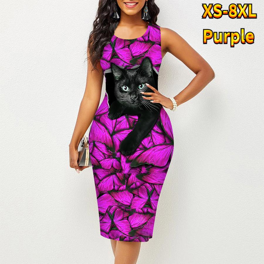 Damen Kleid Sling Sommer Schmetterling Katze Print Kleider Eng Ärmellos Slim Fit Sexy Mode Top Kleidung