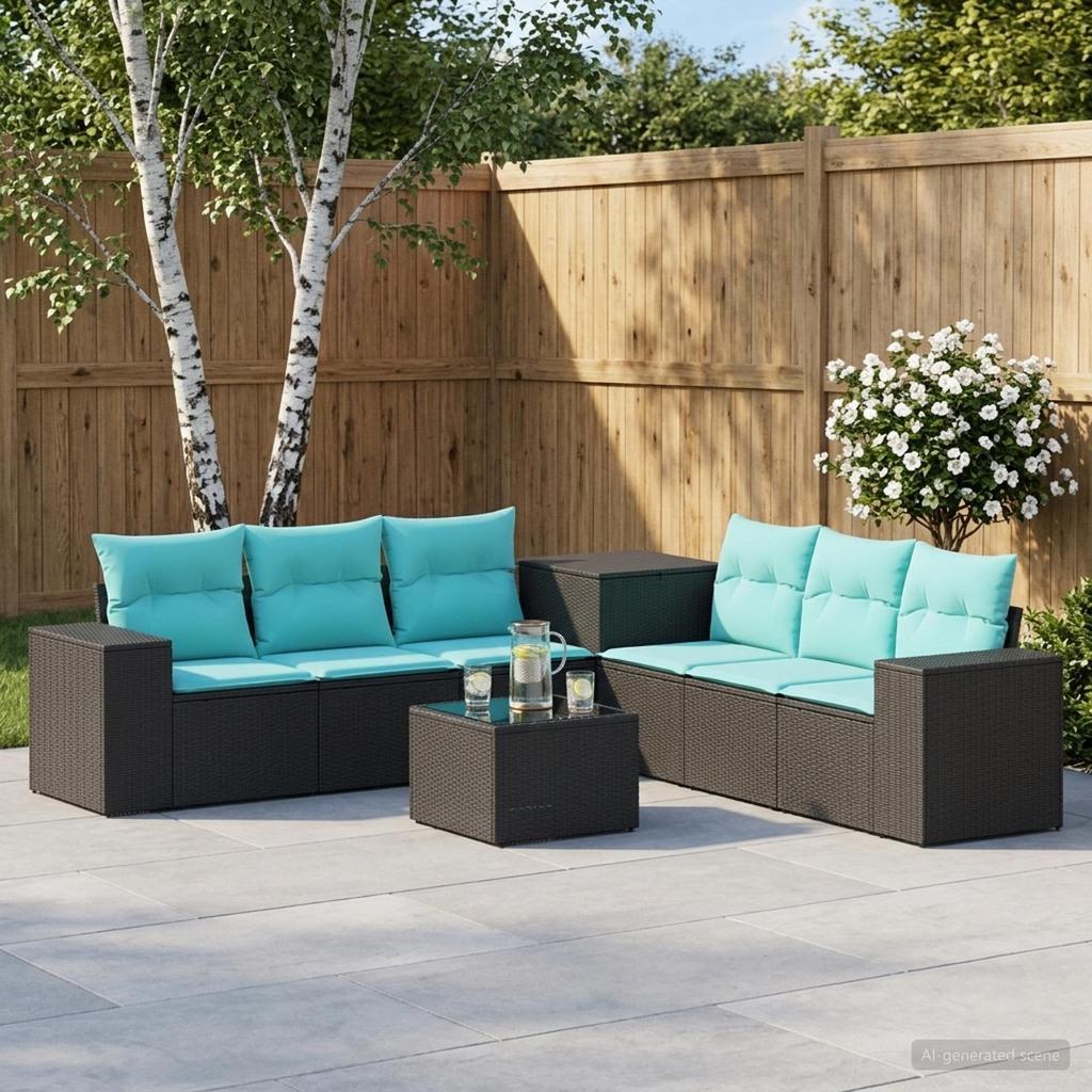 Sofa Set 8 Pieces Black and Blue Poly Rattan and Steel