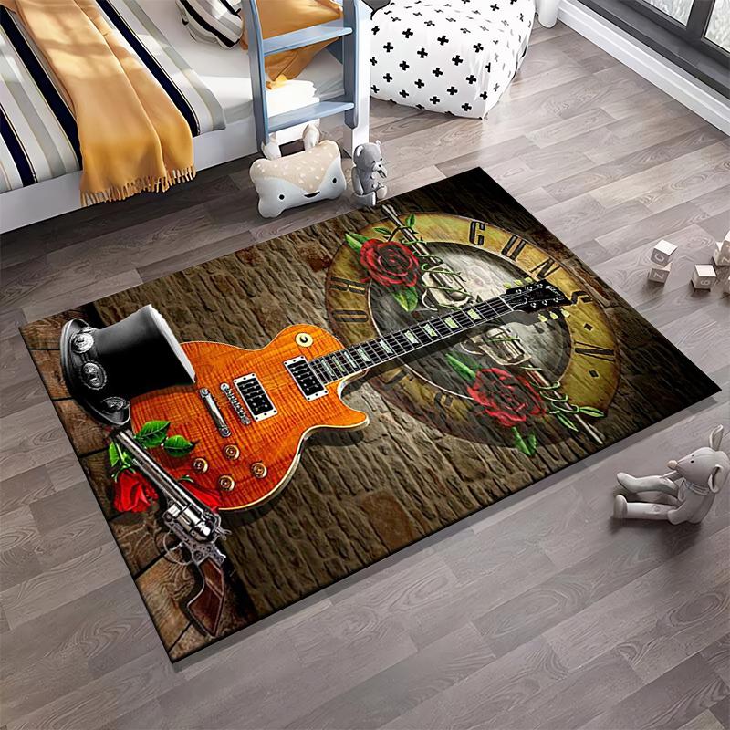 "Rock Style Carpet with Guitar, Hat, Roses, Pistol, and Clock Design" Suitable for use as an anti-slip for living room bedroom sofas
