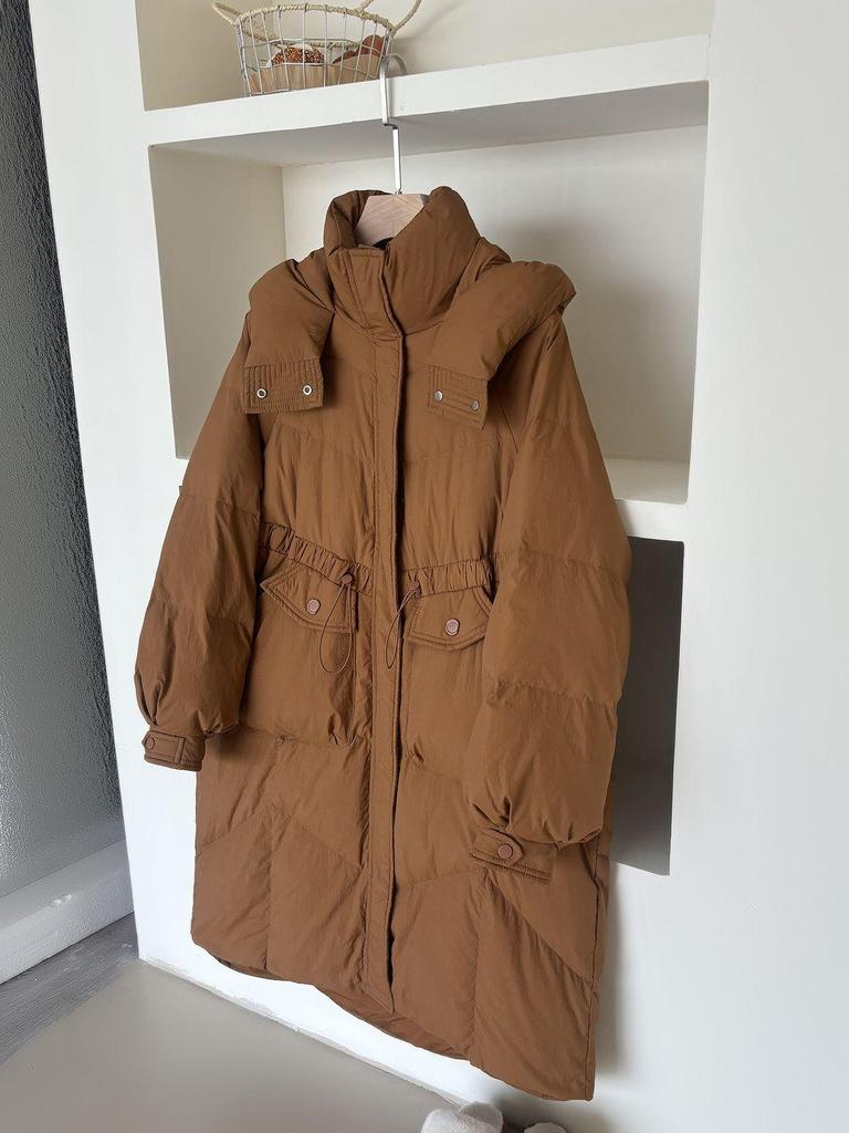 High-End Damen Kapuzen-Langdaunenjacke - Koreanischer Stil, Dick, Oversized, Tailliert, Überknie-Mantel mit Weißenten-Daunen.