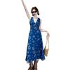 Super Good-looking Printed V-neck Vest Dress, Seaside Vacation Style Waist Repair Off-the-shoulder High-waisted A-shaped Long Skirt