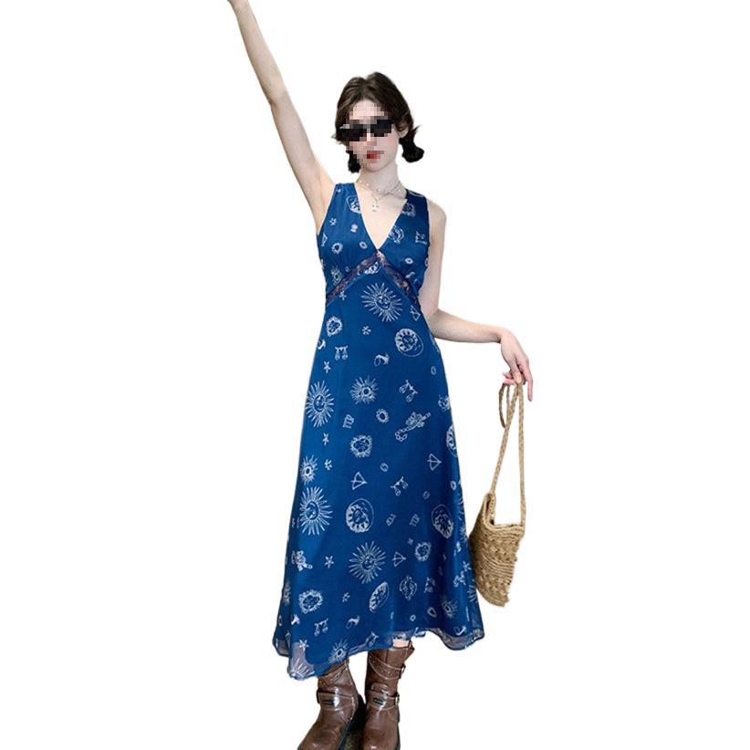 Super Good-looking Printed V-neck Vest Dress, Seaside Vacation Style Waist Repair Off-the-shoulder High-waisted A-shaped Long Skirt