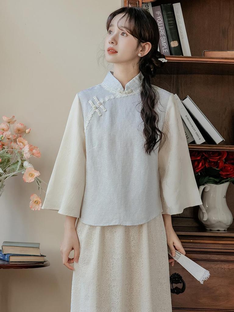 Zen Style Women's New Chinese National Set: Wide Sleeves Top & Lace Skirt.