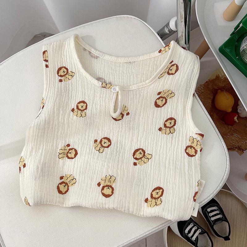 New Arrival Korean Style Cute Baby Gauze Homewear Set Children's Breathable Loose Sleeveless Shorts 2-Piece Set