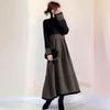 2026 Spring New High Neck Color Block Pocket Long Sleeve Dress