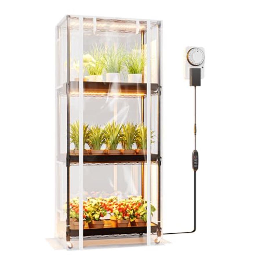 

Indoor Greenhouse with Grow Light 4-Tier Plant Stand PVC Cover Full Spectrum 5000K LED Lights Rolling Plant Shelves Tent Timer чорний